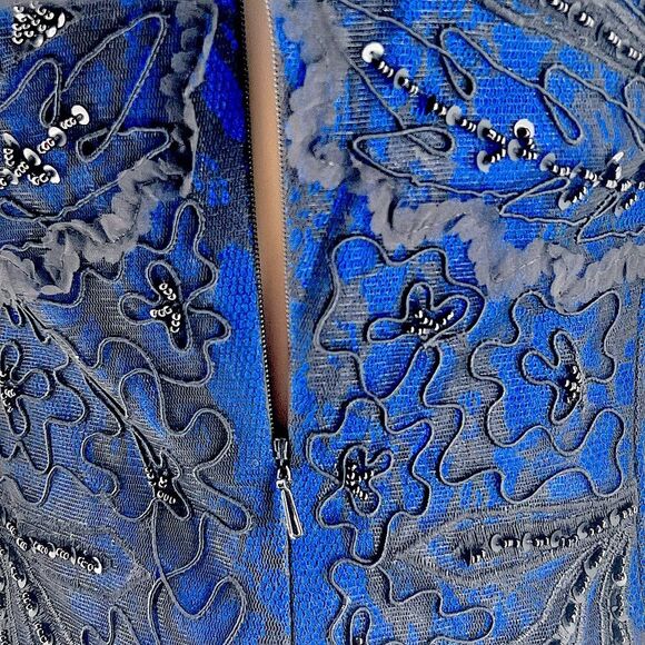 Sue Wong 3/4 SLEEVE V-NECK BEADED ROYAL BLUE & BLACK LACE COCKTAIL DRESS SIZE 4 - Picture 4 of 15